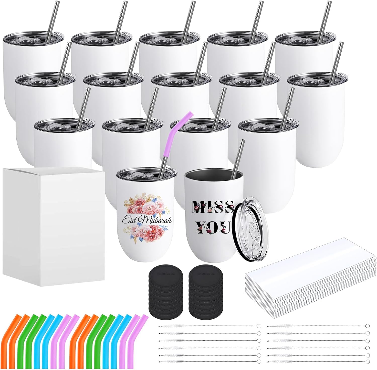 Set of white straight 12 ounce ColorSub wine tumblers with lids, straws, brushes, bases, shrink wraps, and boxes